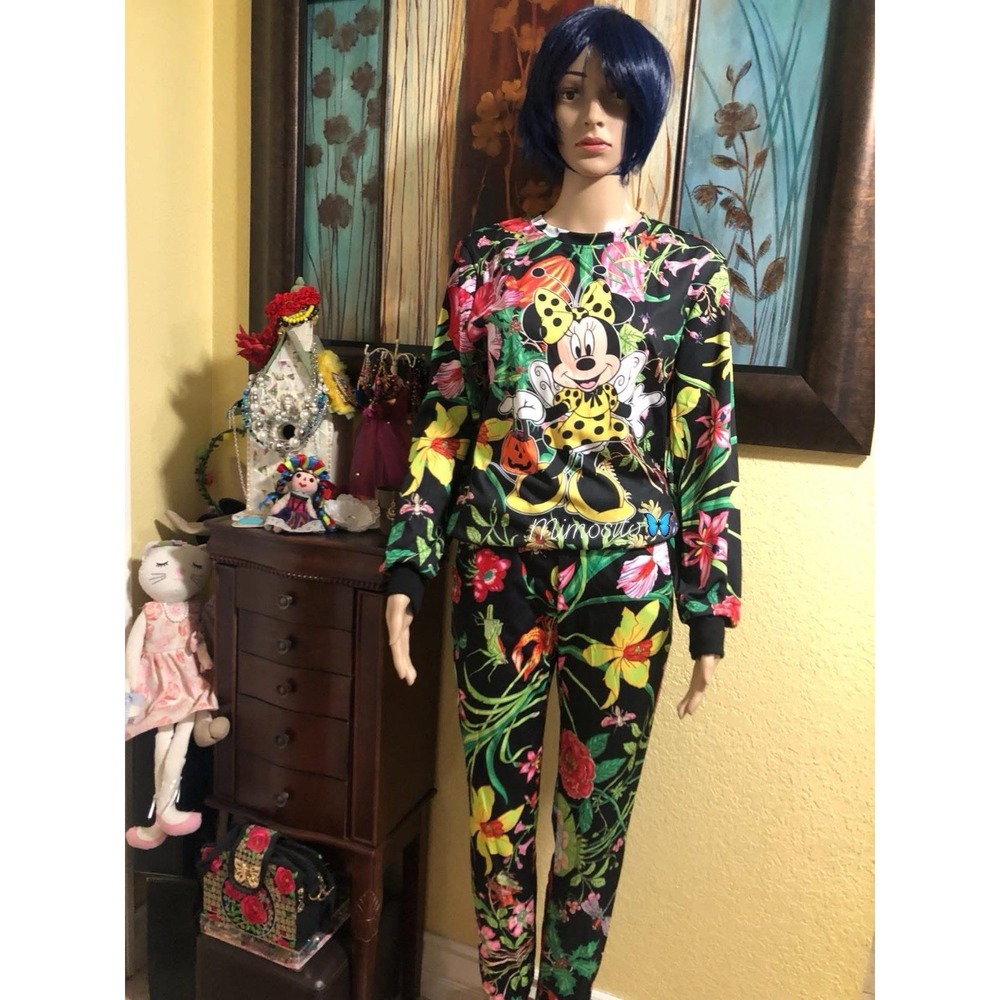 Halloween  Women Minnie Black Floral  Sweatshirt And Pants Set New